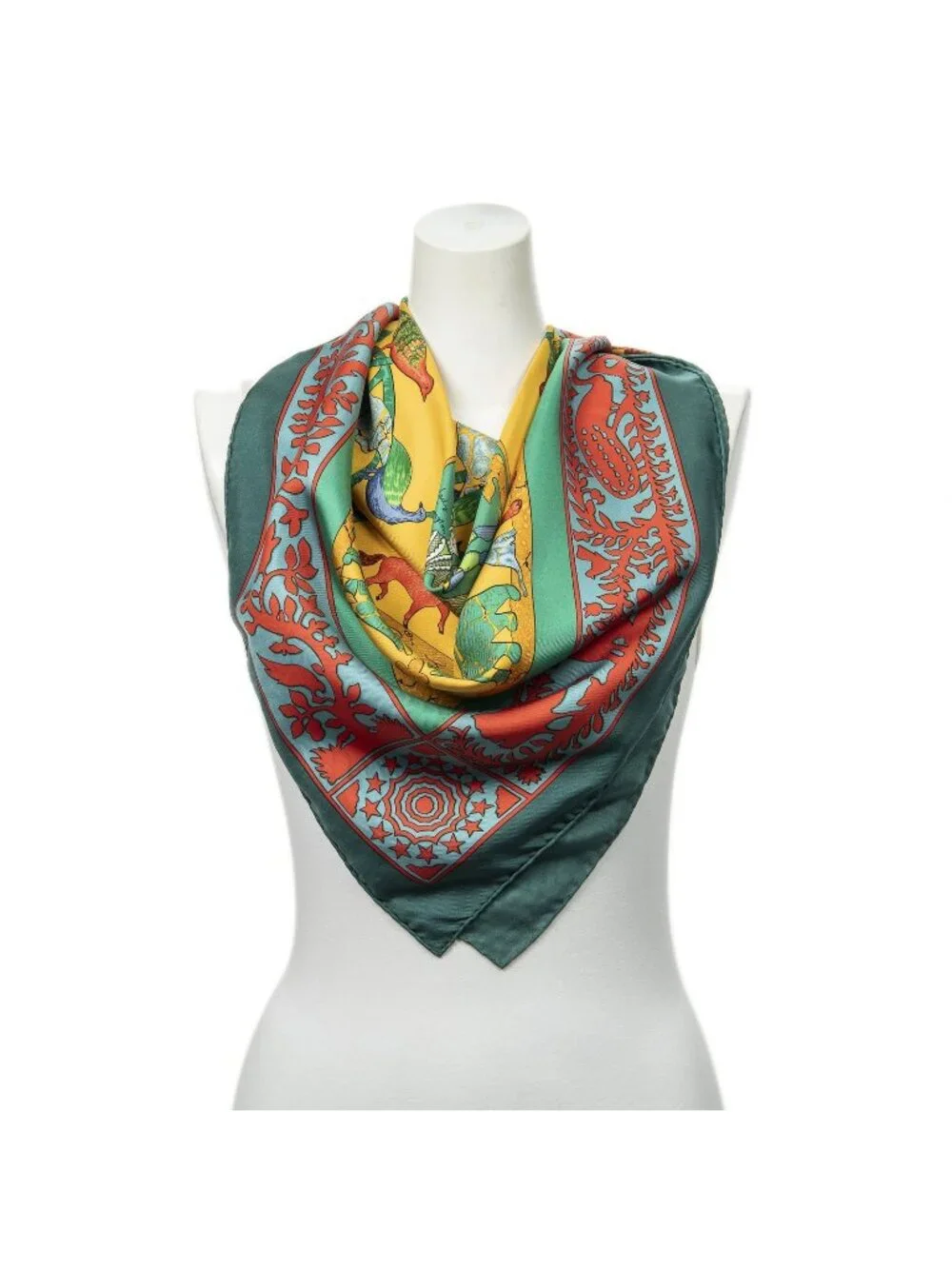 Hermes Scarf Green Yellow Red Twill Silk